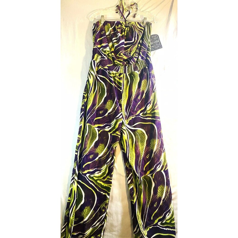 IQ Authentic Jumpsuit Womens XL Green Purple Geometric Halter Chiffon Wide Legs